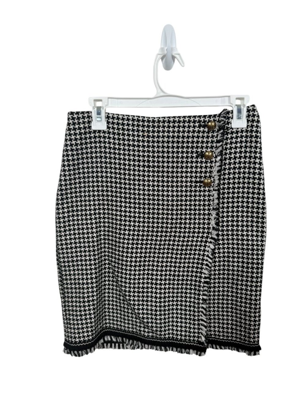 Talbots Petites Tweed Pencil Skirt Size 2P Black White Button Fringe Workwear
